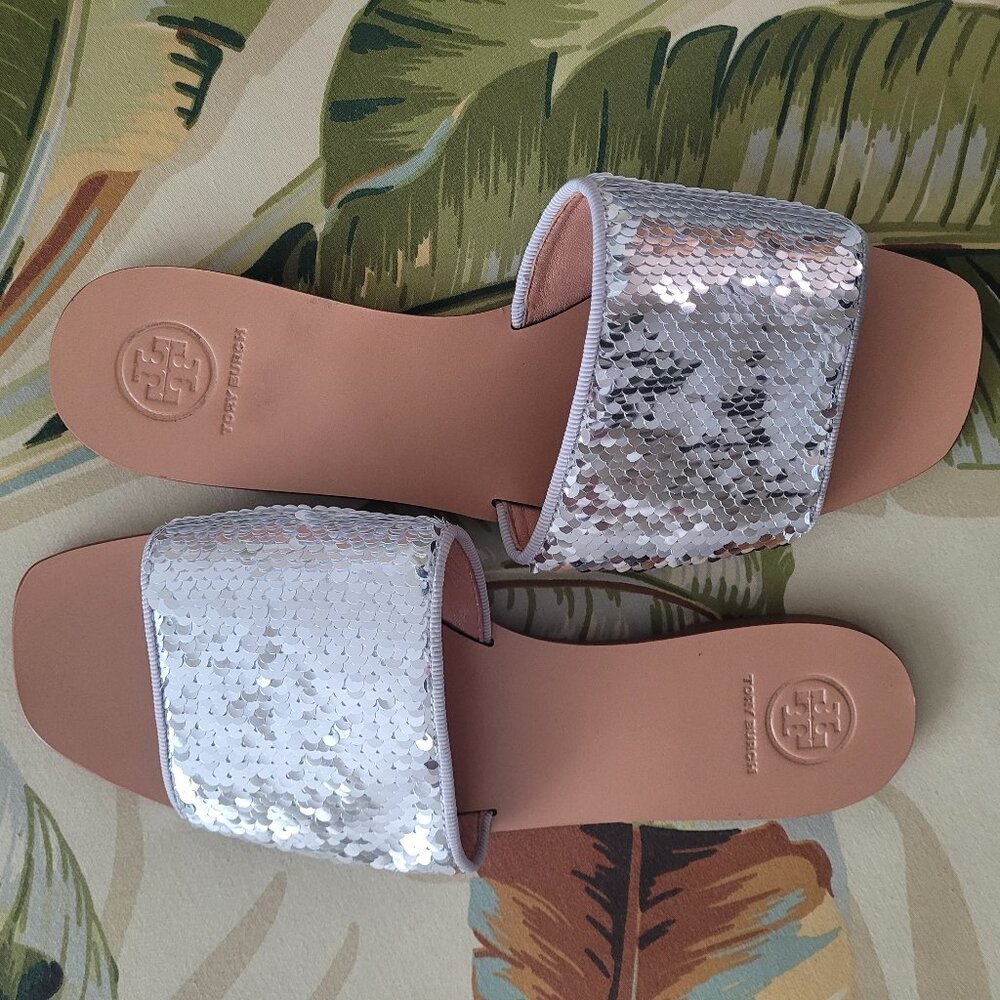 Tory Burch Sequin Slide Sandals - Silver